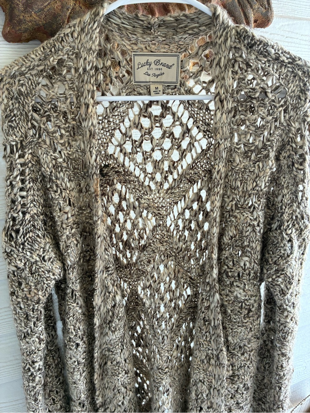 Lucky Brand Open Knit Textured Cardigan in Tan Mix